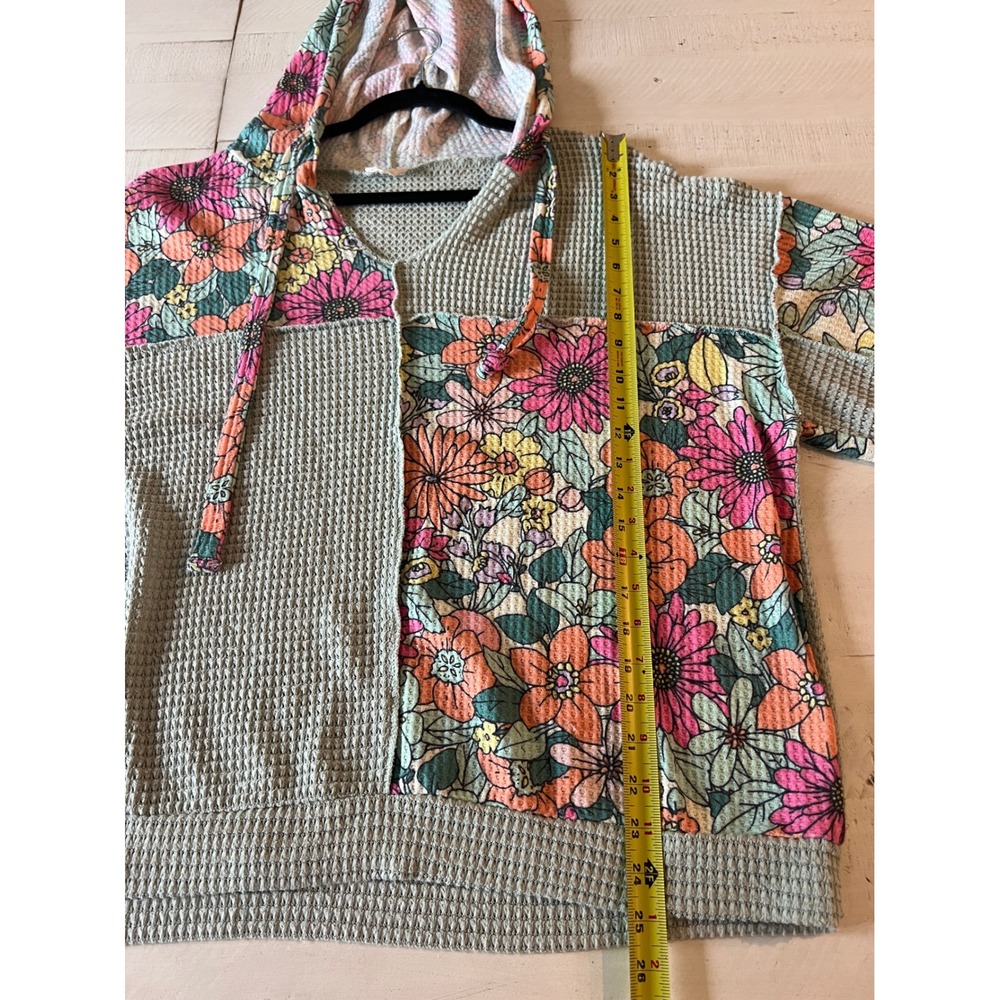 BiBi Sage Floral Patchwork Waffle Knit Hoodie Boho Long Sleeve Top - Picture 5 of 6